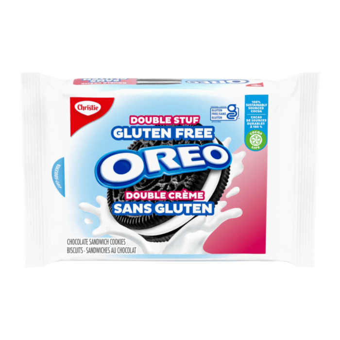 Front of Oreo Gluten Free Double Stuf Cookies pack showcasing the logo, double crème filling, and packaging details (342g)