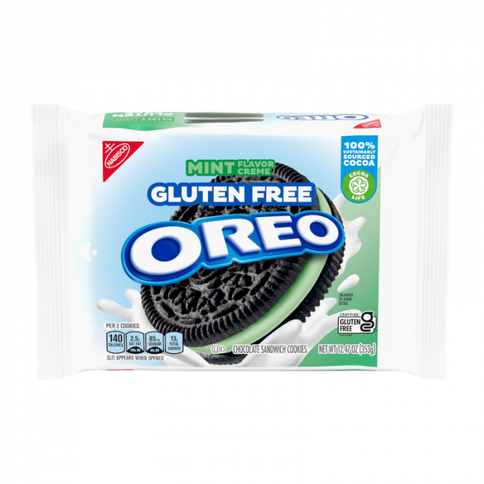 Front of Oreo Gluten Free Mint Cookies package displaying the Oreo logo, mint flavour description, and chocolate sandwich cookies (353g pack)