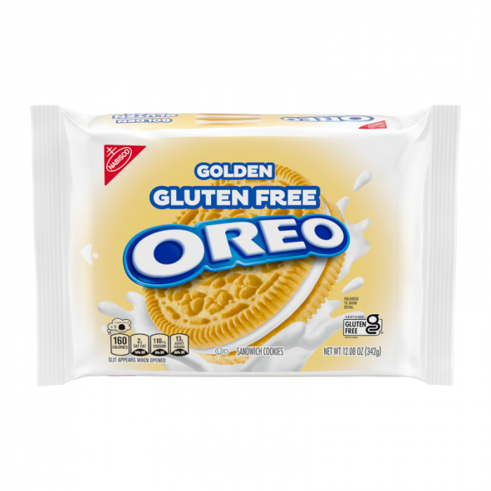 Front of a pack of Oreo Golden Gluten Free Sandwich Cookies featuring the logo, golden sandwich cookies, and 342g pack size