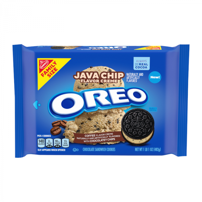 Front of Oreo Java Chip pack showing blue packaging with the Oreo logo and a coffee-flavour crème cookie with chocolate chips (482g pack)