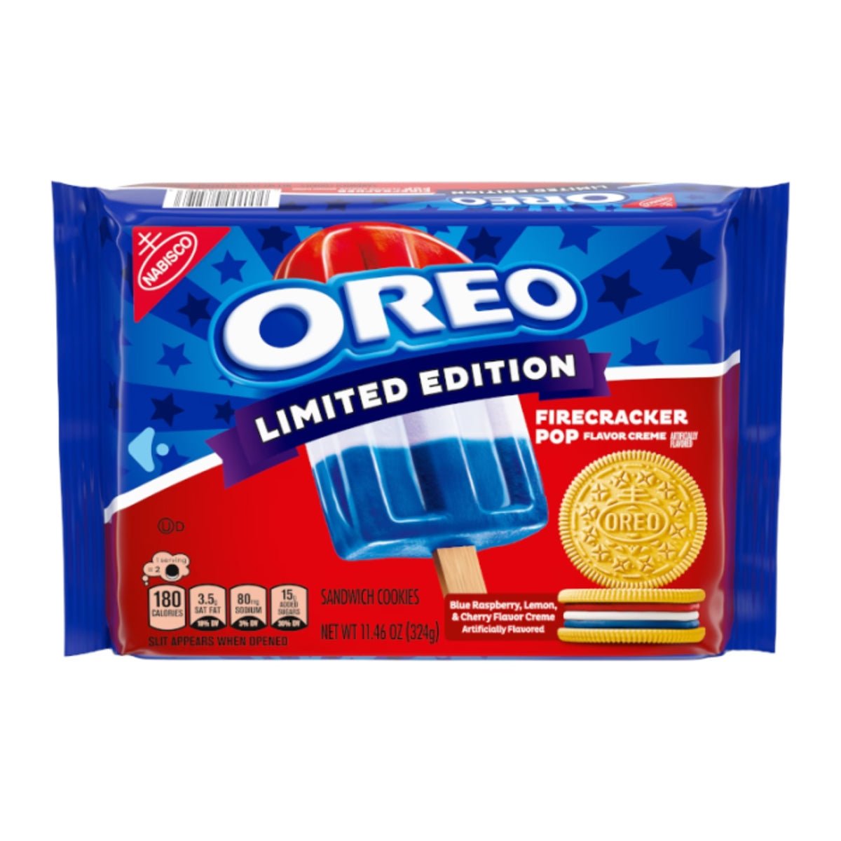 Front of Oreo Limited Edition Firecracker Ice Pop package featuring blue and red design, showing ice pop with blue raspberry, lemon, and cherry flavour (325g)