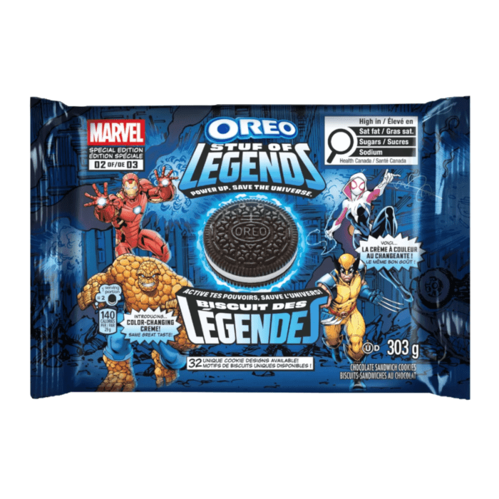 Front of Oreo Marvel Stuf Of Legends Sandwich Cookies package showing vibrant Marvel graphics, chocolate cookies, and colour-changing cream label (303g pack)