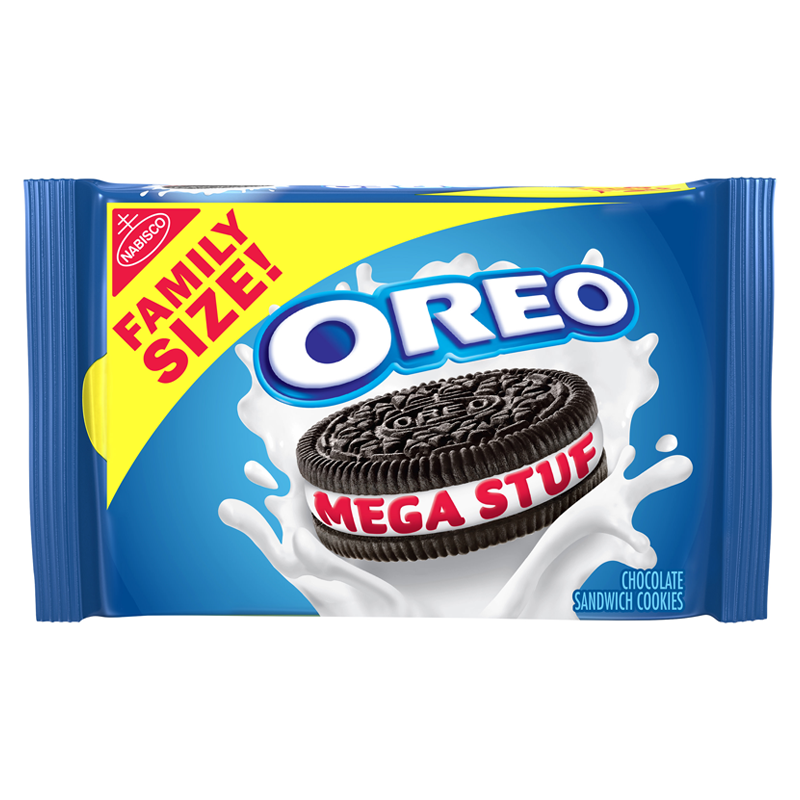 Front of Oreo Mega Stuff Family Size pack showing the logo, illustration of cookies, and pack size (499g)