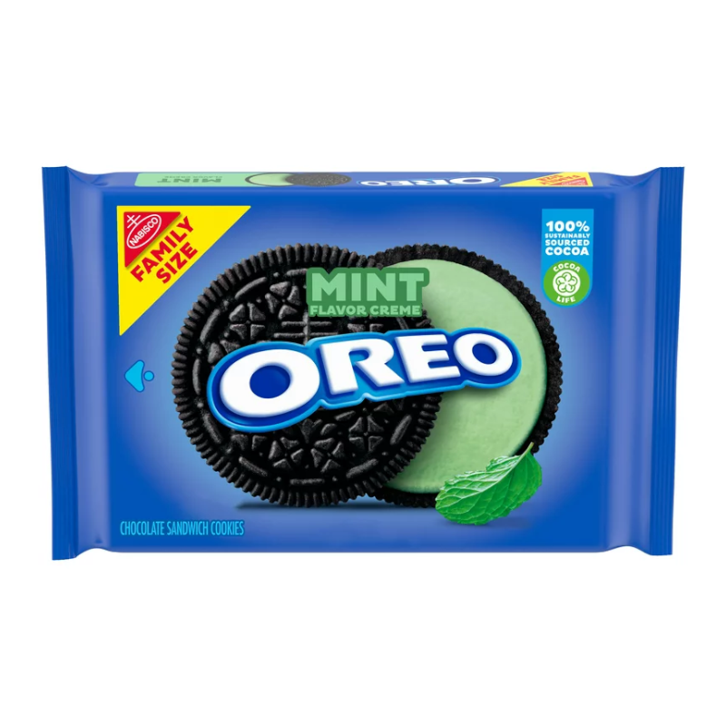 Front of Oreo Mint Family Size pack showing the blue Oreo logo, mint flavour label, and chocolate sandwich cookies (566g pack)
