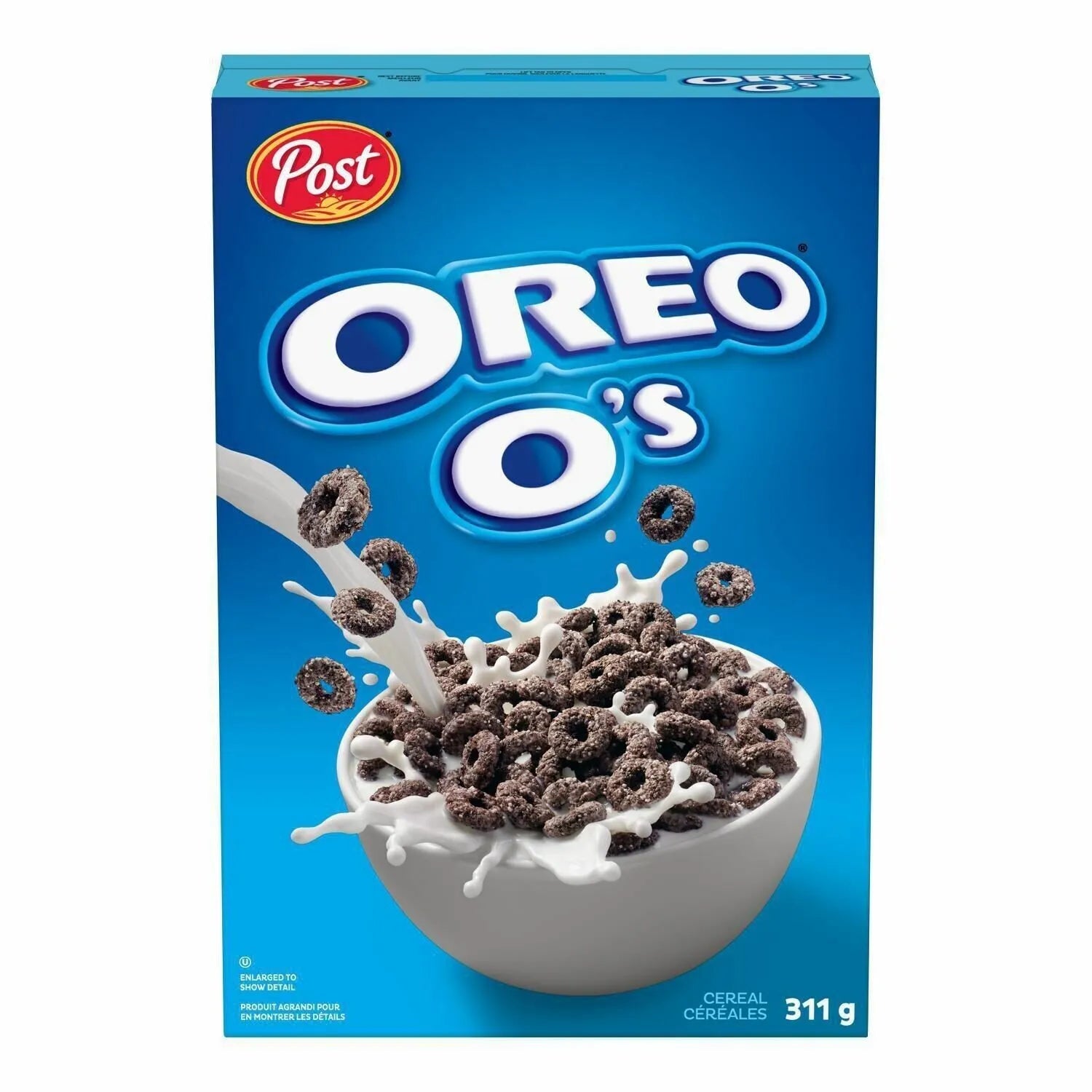 Front of Post Oreo O's Cereal box displaying logo, chocolate-flavoured cereal in a bowl with milk, and pack size of 311g