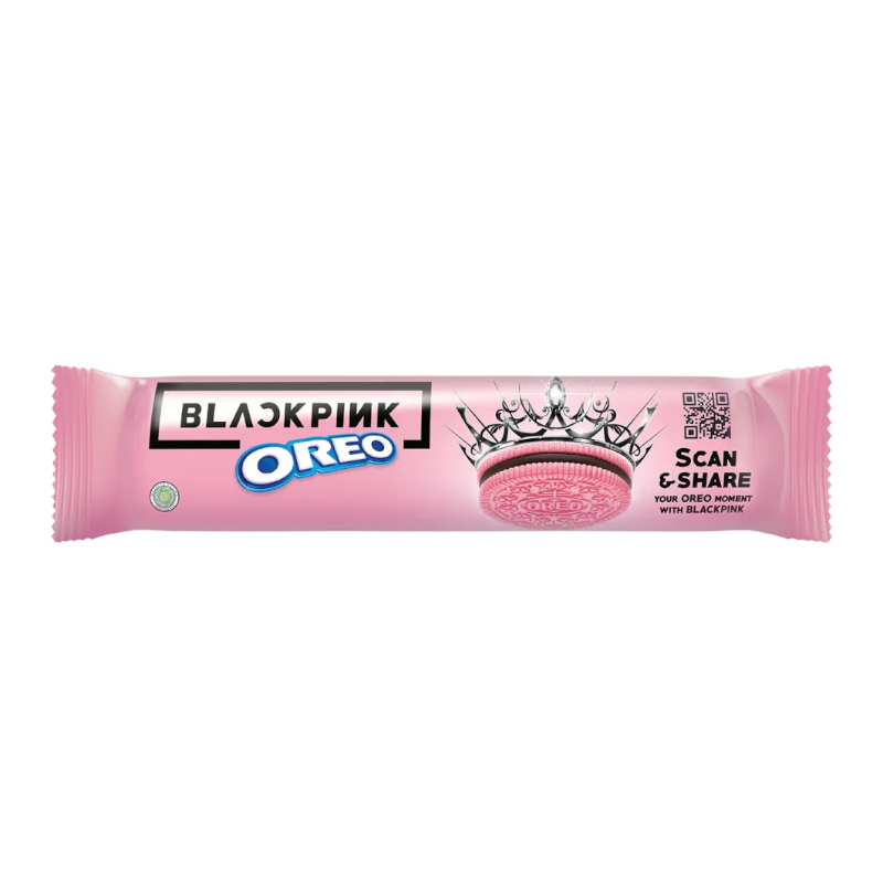 Front of OREO x BLACKPINK Limited Edition Pink Dark Chocolate Creme Cookies packet showing pink packaging with OREO and BLACKPINK logos, and a crown design (123.5g pack)