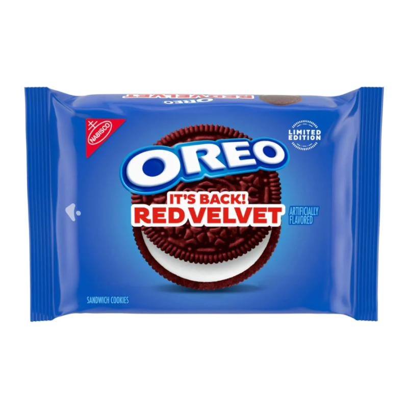 Front of Oreo Red Velvet pack showing the blue packaging, Oreo logo, and red velvet sandwich cookies (345g pack)