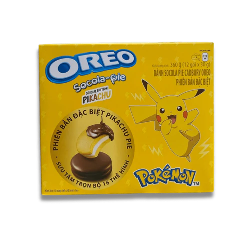Front of Oreo Pokemon Pikachu Special Edition package showing bright yellow background, Pikachu character, and Oreo cookies (180g pack)