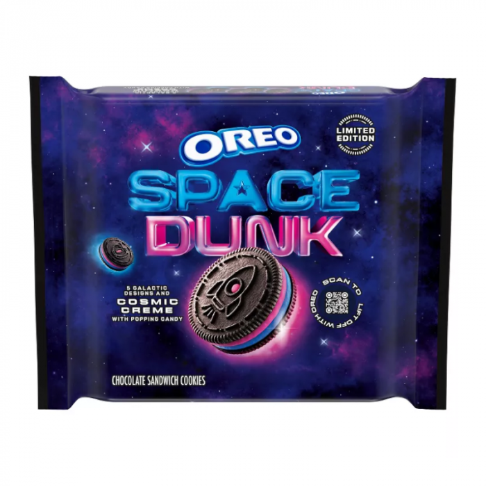 Front of Oreo Space Dunk Limited Edition packaging showing chocolate sandwich cookies with cosmic creme and popping candy, 303g pack.