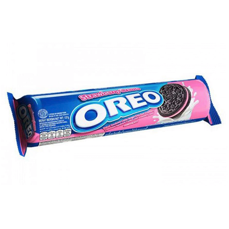 Front of Oreo Strawberry Creme Cookies pack showing the logo, strawberry cream flavour, and 119.6g size.