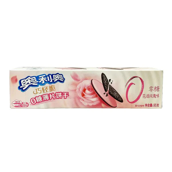 Front of Oreo Thins Sugar Rose Petal pack showing pink and black design, rose petal flavour details, and 95g label