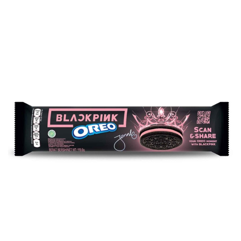Front of OREO x BLACKPINK Limited Edition Strawberry Creme Cookies packet showing black and pink branding, cookie images, and 119.6g pack size