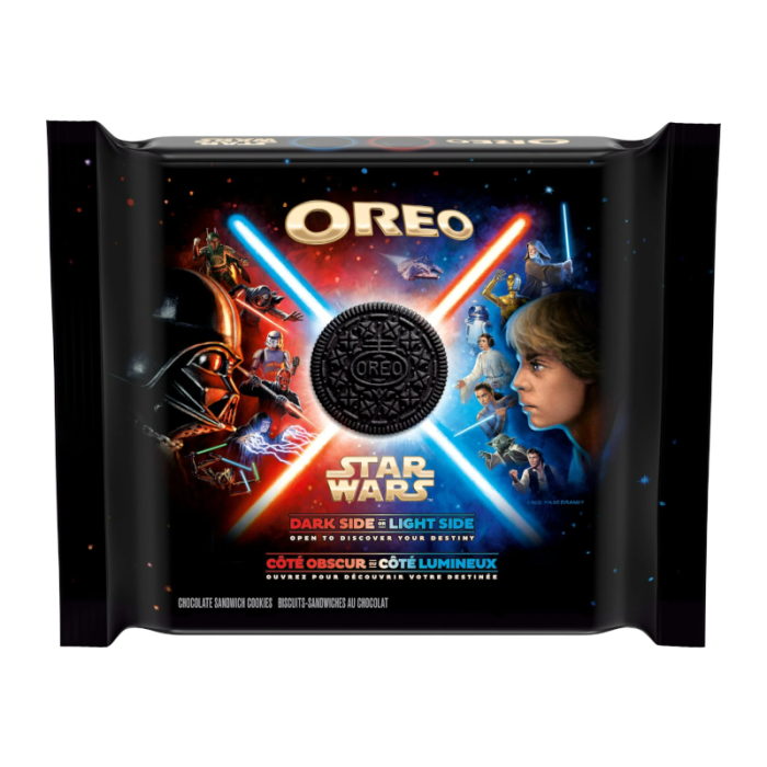 Front of Oreo x Star Wars Red/Blue Creme with Kyber Sugar Crystals Special Edition Cookies pack showing vibrant cremes, iconic characters, and 303g size.