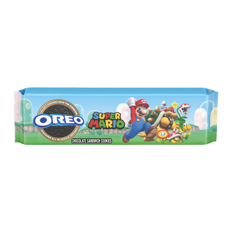 Front of Oreo x Super Mario Bros Double Stuff Cookies pack showing Oreo logo, Super Mario graphics, and chocolate sandwich cookies (88g)