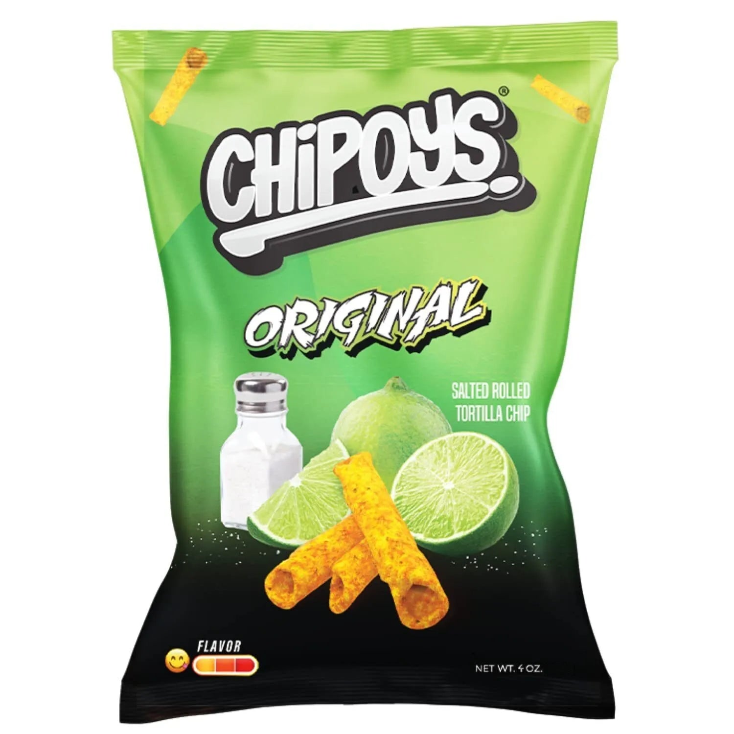 Front of a green bag of Chipoys Salt & Lime Rolled Tortilla Corn Chips featuring logo, image of lime, salt, and rolled chips (113.46g pack)