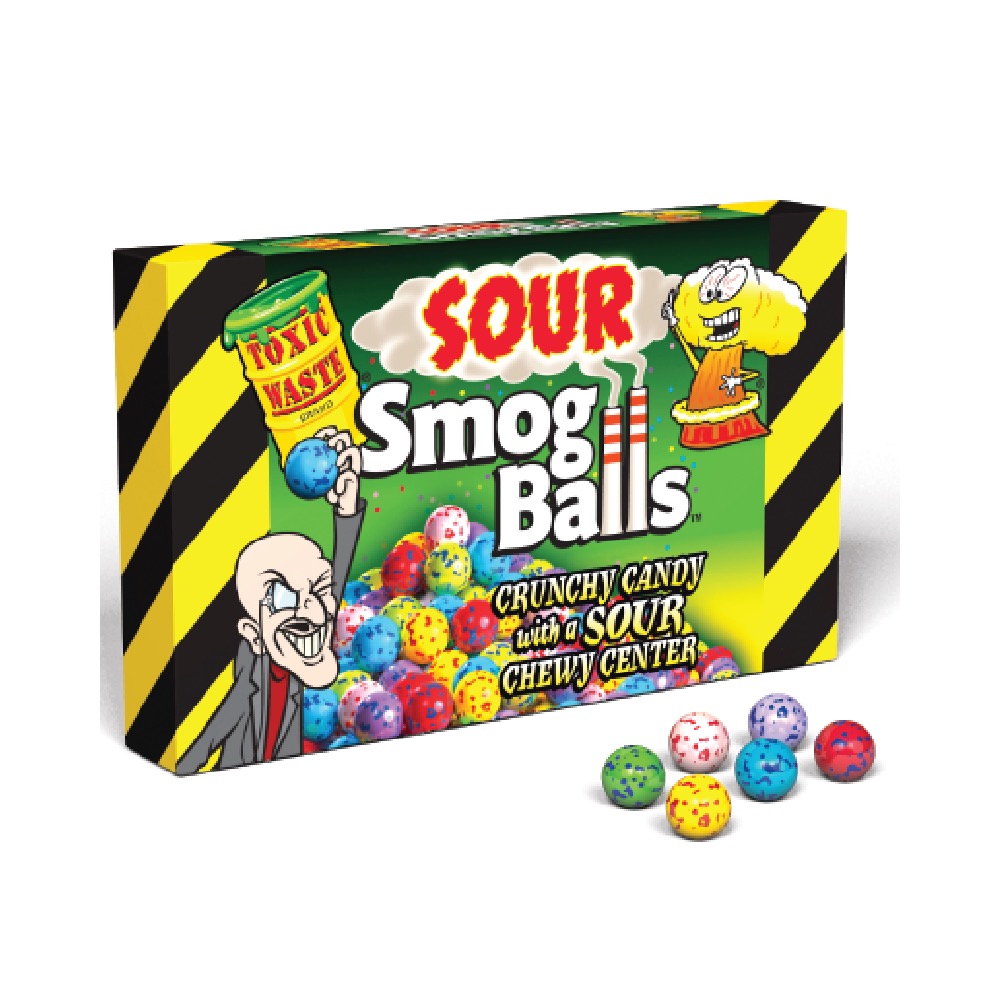 Front of Toxic Waste Sour Smog Balls Theatre Box showing vibrant green packaging, colourful crunchy candy pieces, and bold sour candy label (85g)