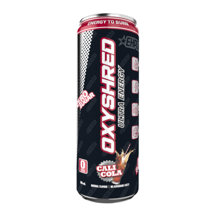 Front of OxyShred Cali Cola Flavour Zero Sugar Energy Drink can showing brand logo, zero sugar label, and cola flavour details (355ml)