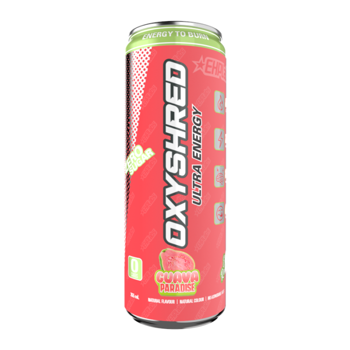 Front of OxyShred Guava Paradise Flavour Zero Sugar Energy Drink can showing the bright guava flavour label and 355ml details.