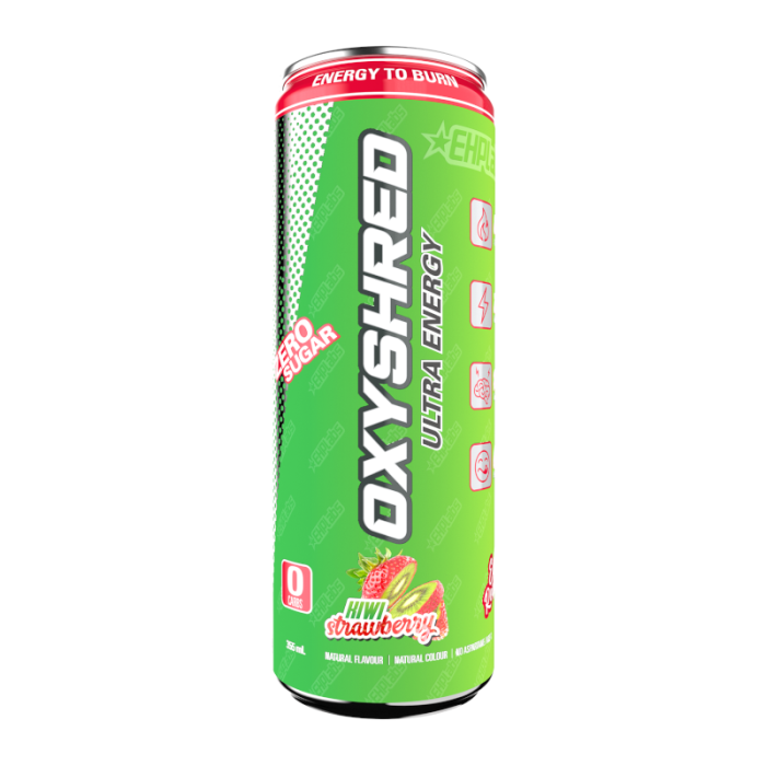 Front of OxyShred Kiwi Strawberry Zero Sugar Energy Drink can showing vibrant green design, logo, kiwi and strawberry illustrations, and 355ml size