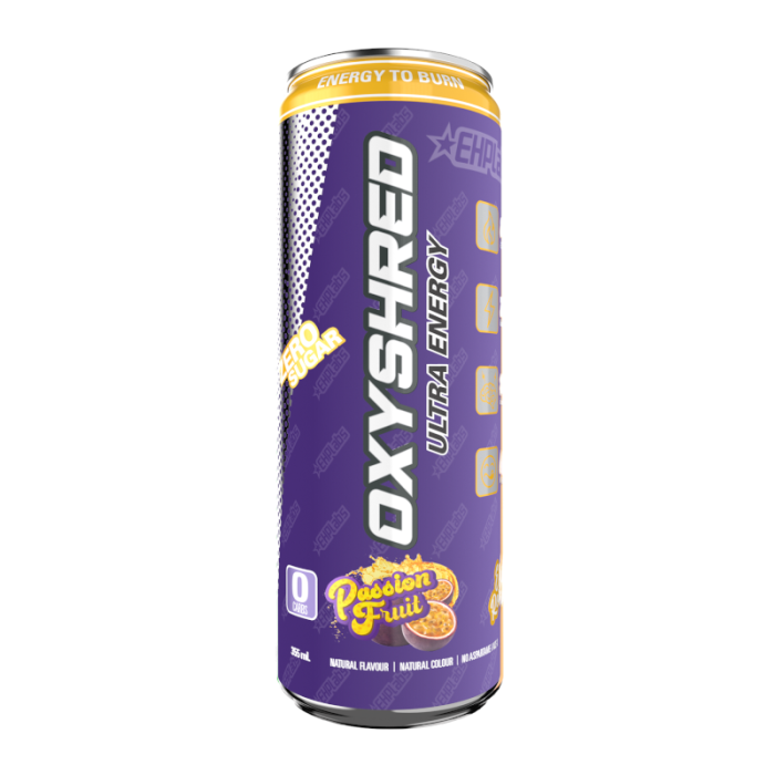 Front of OxyShred Passionfruit Flavour Energy Drink can showing bold logo, zero sugar label, and vibrant passionfruit flavour design (355ml)