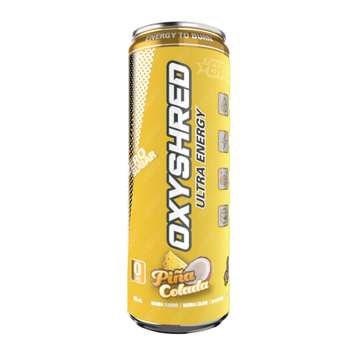 Front of OxyShred Pina Colada Flavour Zero Sugar Energy Drink can showing bright yellow design with logo and zero sugar label (355ml)