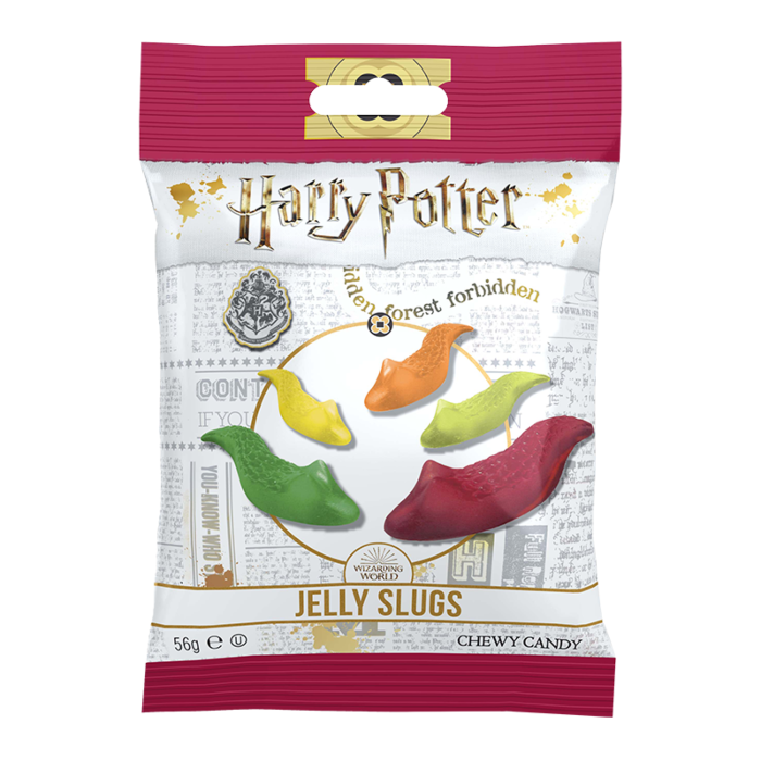Front of Harry Potter Jelly Slugs bag showing the Harry Potter logo, colourful jelly slug candies, and 56g pack size