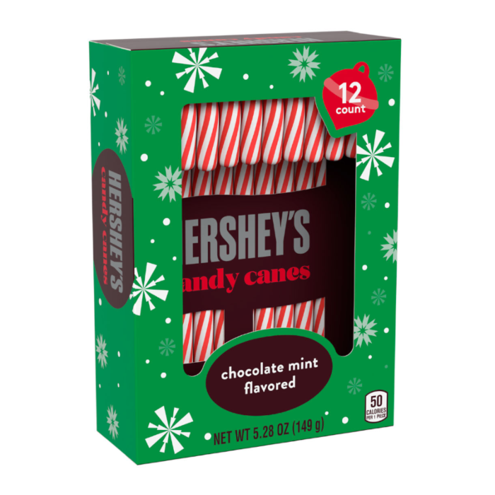 Front of Hershey's Chocolate Mint Candy Canes pack showing logo, chocolate mint flavour text, and 149g net weight