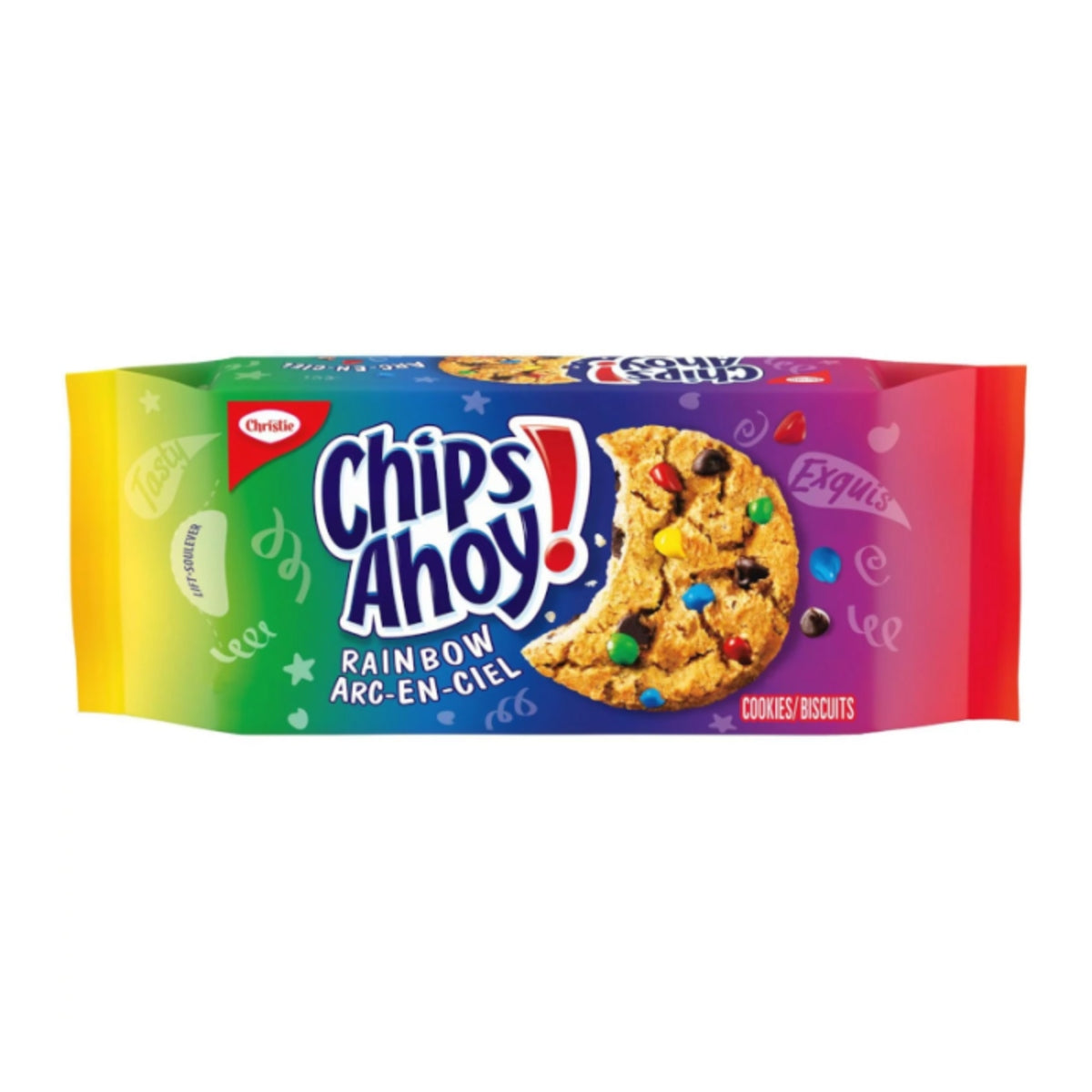 Front of Chips Ahoy! Rainbow Chocolate Chip Cookies packaging showing colourful cookie image, brand logo, and 258g label.