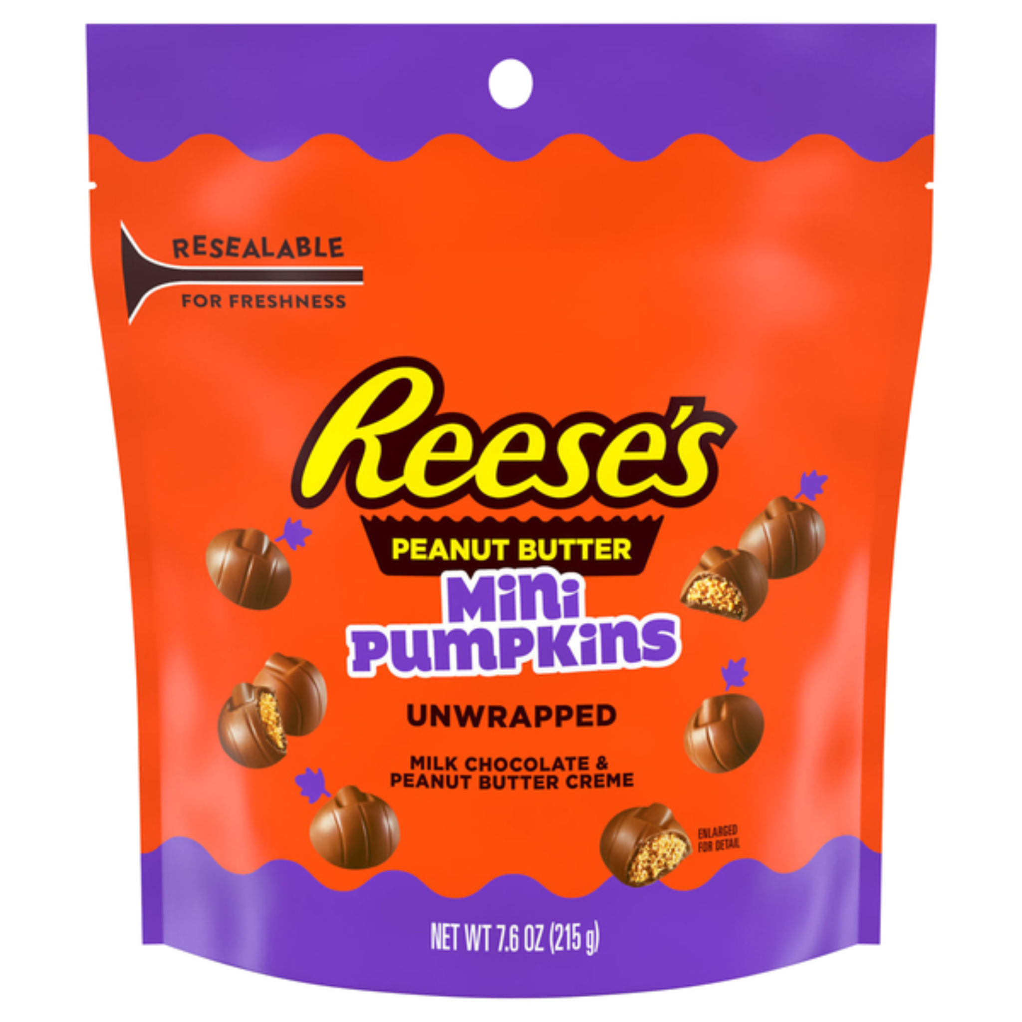 Front of Reese’s Peanut Butter Mini Pumpkins bag showing logo, unwrapped treats, milk chocolate, and peanut butter creme with 215g weight.