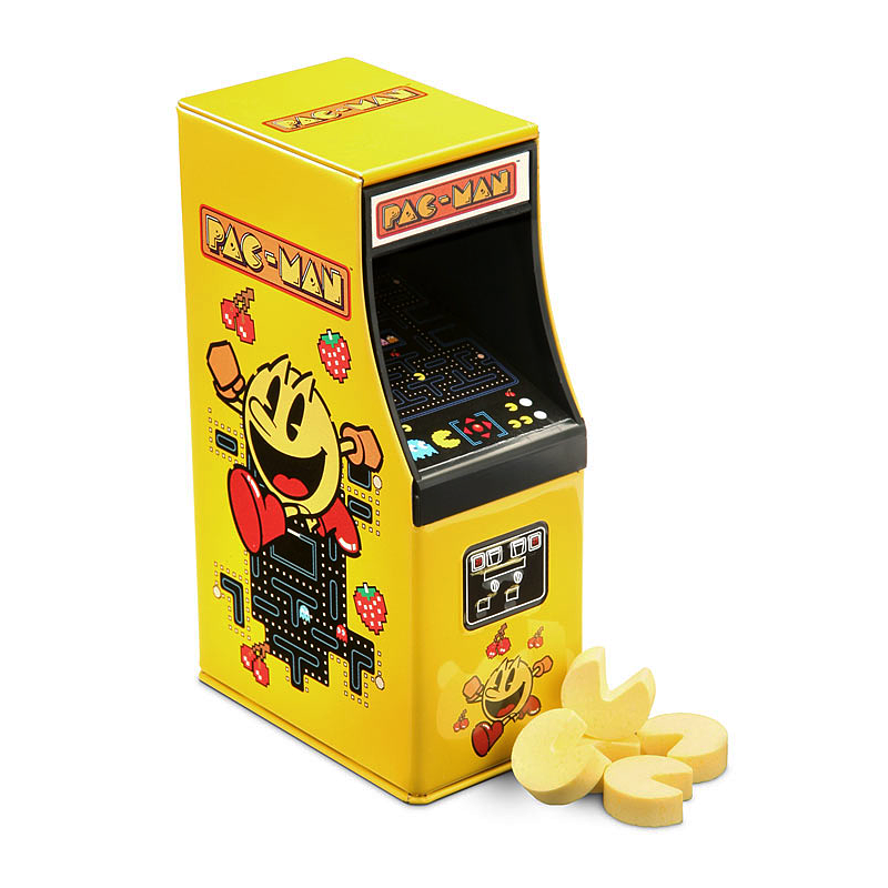 Front of Pac-Man Arcade Candy Tin showing a yellow arcade machine design with a cheerful Pac-Man character and information about the candy (17g pack)