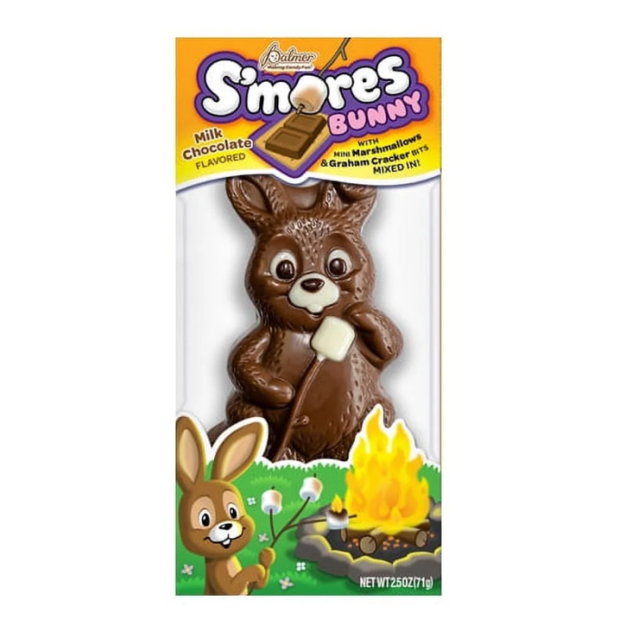 Front of Palmer's S'mores Bunny packaging showing a chocolate bunny with a marshmallow and graham cracker bits theme, 71g pack size