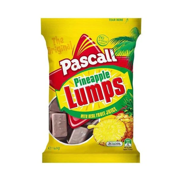 Front of Pascall Pineapple Lumps bag showing bright yellow packaging with the logo, pineapple imagery, and 120g label.
