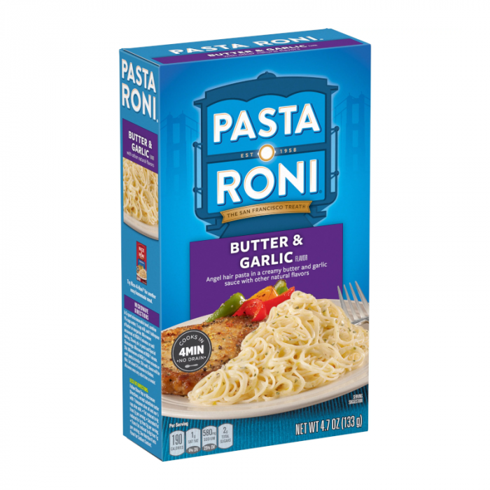 Front of Pasta Roni Butter & Garlic box showing logo, creamy butter and garlic flavour label, and image of angel hair pasta (133g pack)