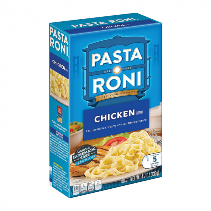 Front of Pasta Roni Chicken box showing blue logo, chicken flavour label, and image of fettuccine in creamy sauce (133g pack)