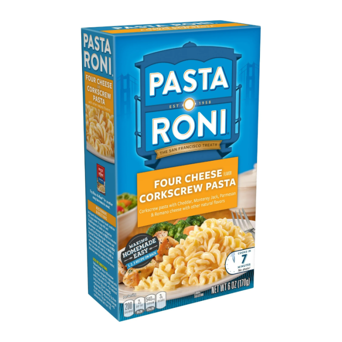 Front of Pasta Roni Four Cheese Corkscrew Pasta box showing the blue logo, product name, and an image of corkscrew pasta with cheesy sauce (170g pack)
