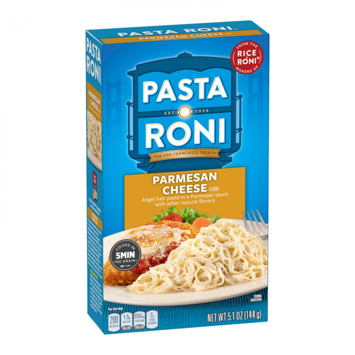 Front of Pasta Roni Parmesan Cheese box showing bold blue logo, Parmesan flavour label, and image of creamy angel hair pasta (144g pack)