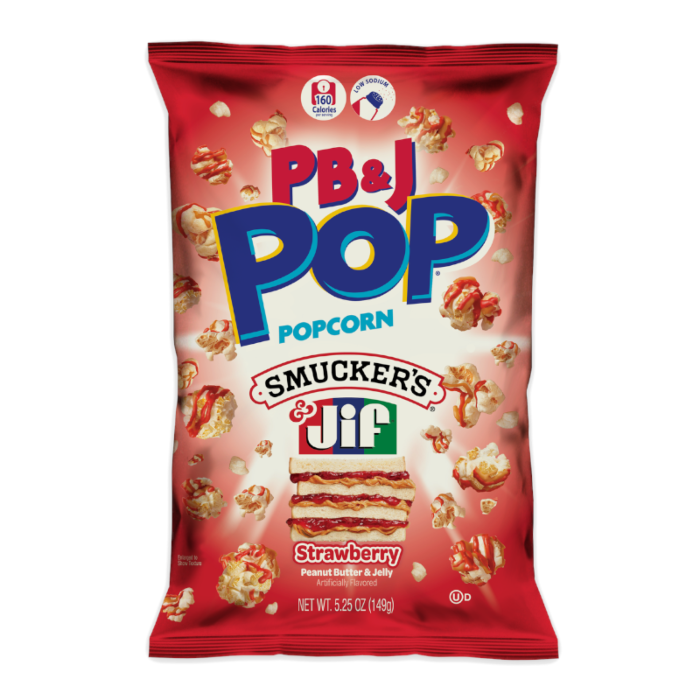 Front of PB&J Pop Strawberry Popcorn bag featuring the logo, a playful design, and images of popcorn, with a 149g pack size.