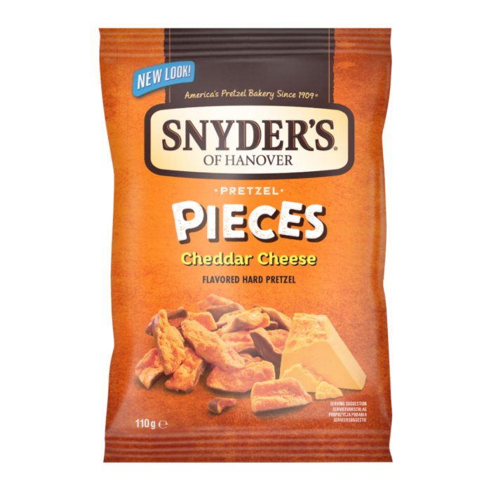 Front of a pack of Snyder's Pretzel Pieces Cheddar (110g) showing crunchy pretzel pieces and cheese graphics