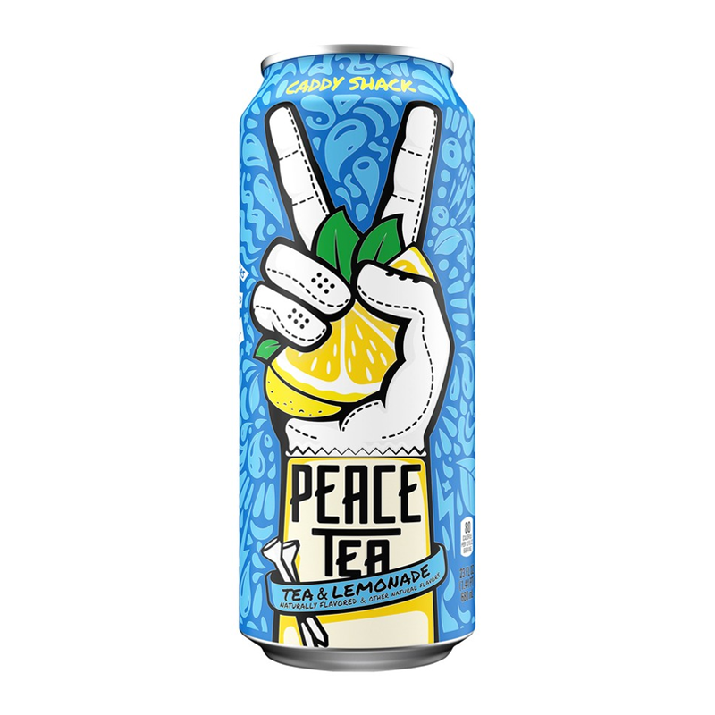 Front of Peace Tea Caddy Shack can showing the logo with tea & lemonade flavour, bold graphics, and zesty lemon imagery (695ml)