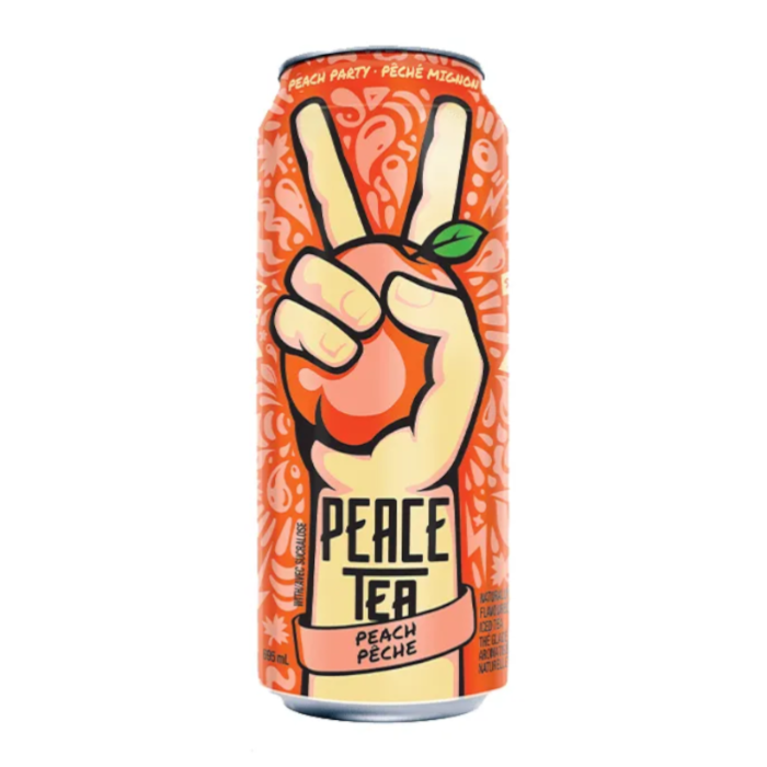 Front of Peace Tea Peach Party can featuring vibrant design, peach illustration, and flavour label (695ml)