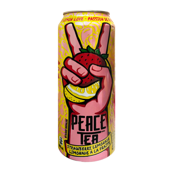 Front of Peace Tea Strawberry Lemon Love can featuring vibrant artwork, logo, and flavour details (695ml)