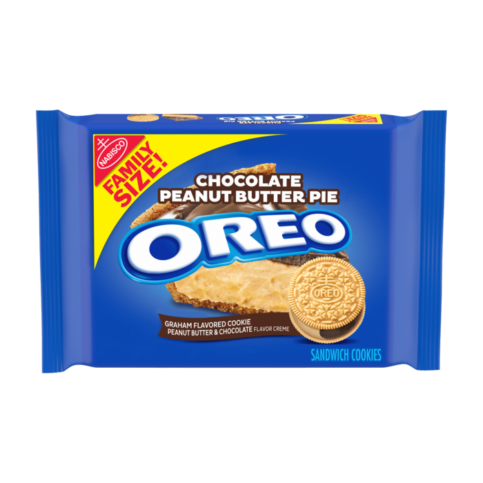 Front of OREO Chocolate Peanut Butter Pie packaging showcasing the logo, flavour details, and a 482g size indication.