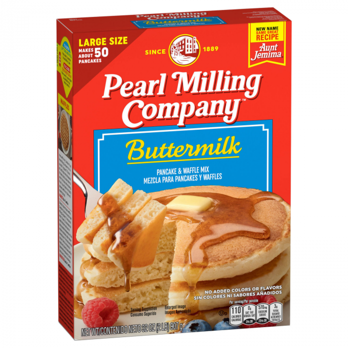 Front of Pearl Milling Company Buttermilk Pancake Mix box showing bright red packaging, product name, and image of pancakes with syrup (907g pack)
