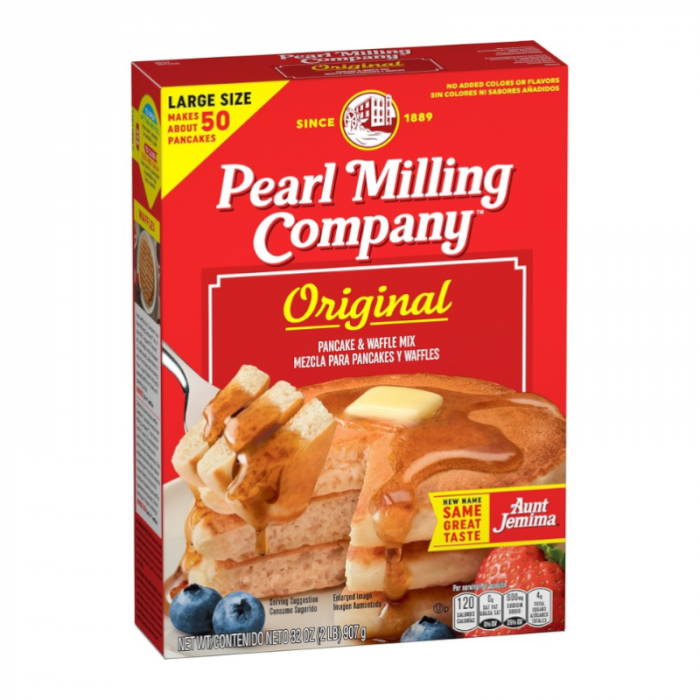 Front of Pearl Milling Company Original Pancake Mix box showing bold logo, pancake and waffle mix label, and image of pancakes with syrup (907g pack)