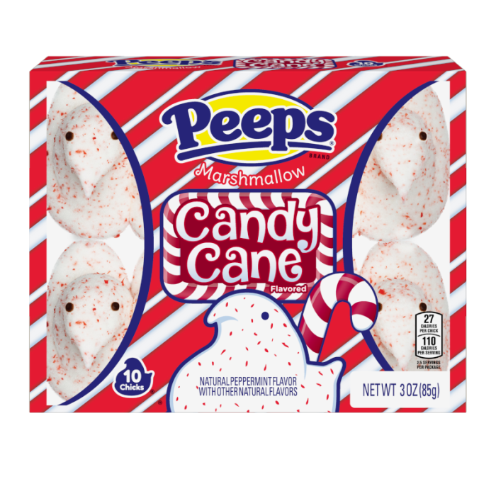 Front of Peeps Candy Cane Chicks packaging showing the Peeps logo, Candy Cane flavour label, and marshmallow chicks (85g pack)