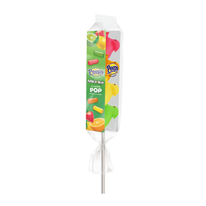 Front of Peeps Easter Mike & Ike Marshmallow Chick Pop showing bright packaging with colourful marshmallow chick design and pop details (38g)