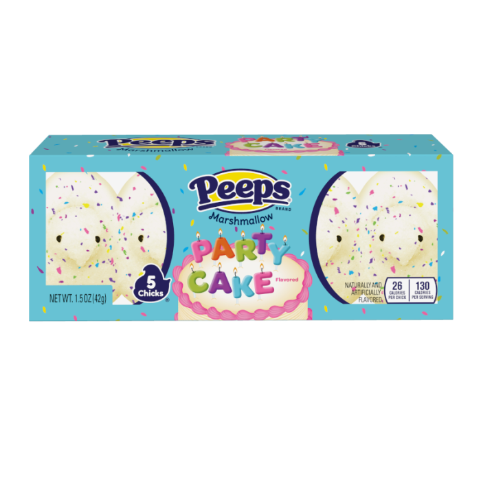 Front of Peeps Party Cake Chicks box showcasing marshmallow chicks with a party cake design, logo, and pack size 42g (5 chicks)
