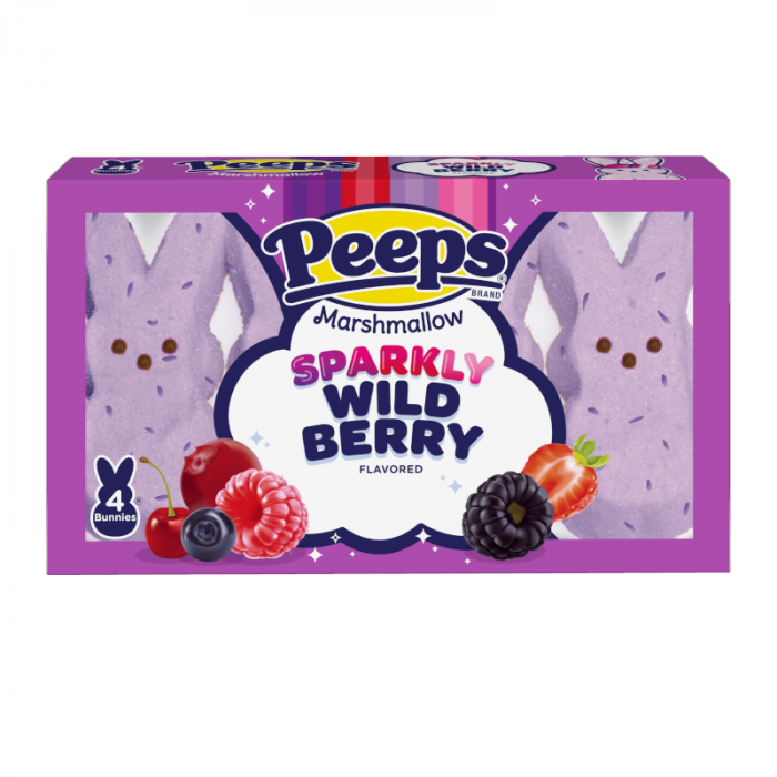 Front of Peeps Easter Sparkly Wild Berry Bunnies pack showing purple packaging with marshmallow bunnies and berry graphics (42g pack)