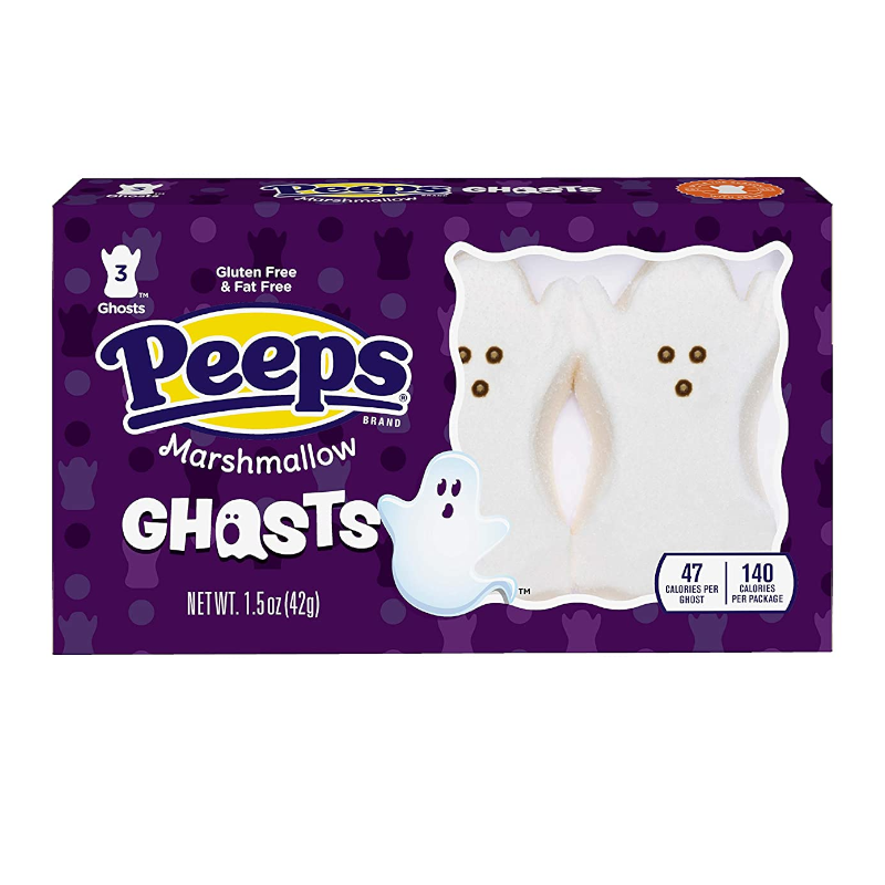 Front of Peeps Ghosts package featuring white marshmallow ghost shapes, brand logo, and labelled as gluten-free (42g pack)