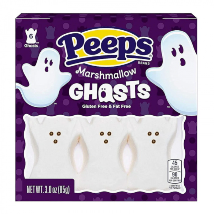 Front of Peeps Ghosts box showing logo, ghost-shaped marshmallows, and purple packaging with 85g pack size.